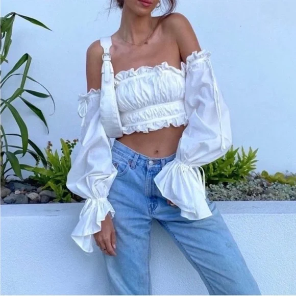 NWOT House of CB Tula Ruched Off‎ Shoulder Top White Small